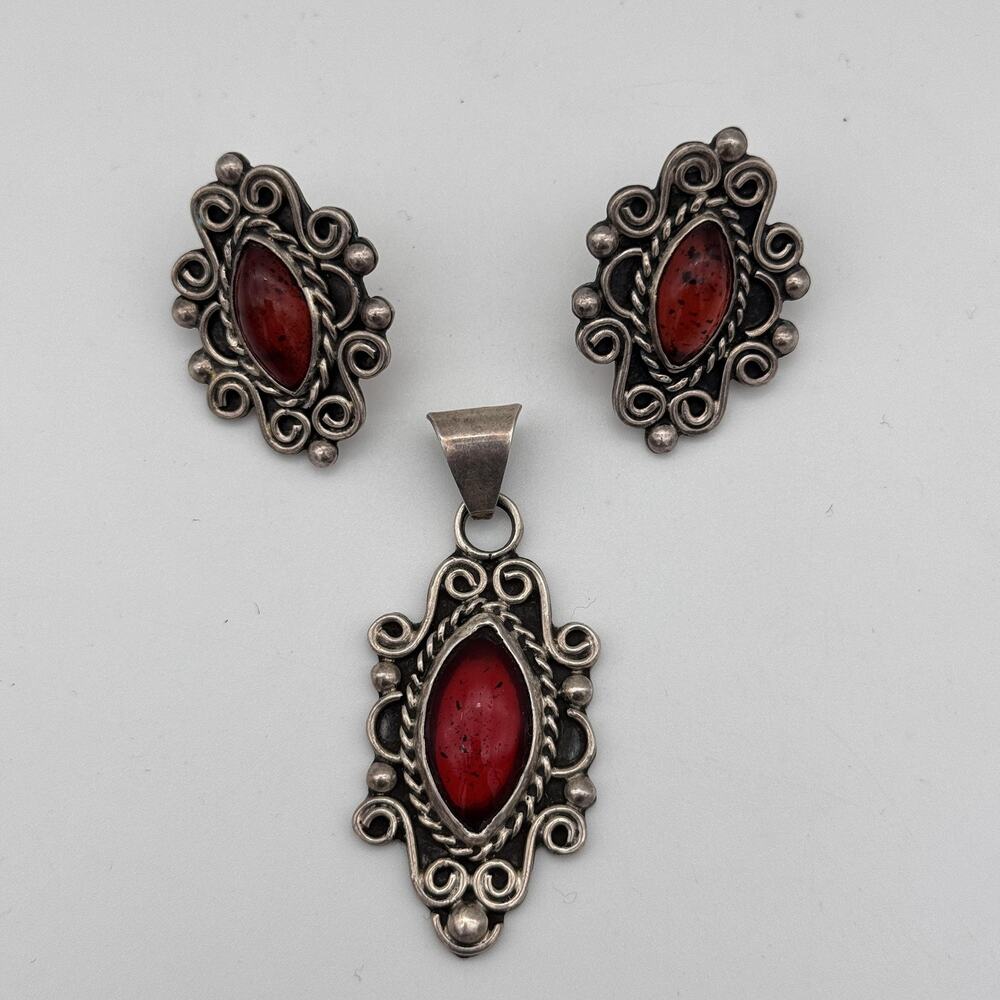 Sterling Silver Mexico Jewelry Set Earrings Pendant Filigree Cabochon Vintage - Picture 1 of 13